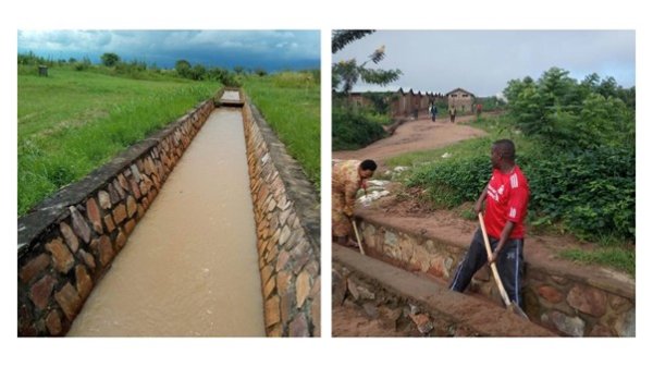 Drainage canal lined with stonework masonry and maintenance work during community service